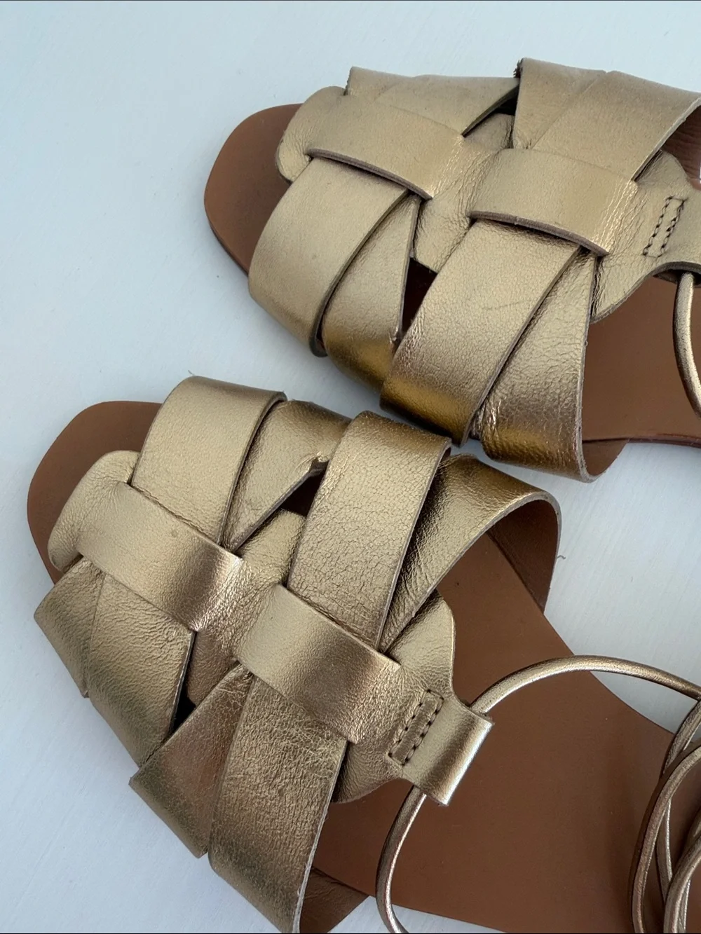 Zara Metallic Gold Woven Lace-Up Flat Sandals